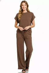 Zenana Cotton Slub Short Sleeve Tee and Pants Set - Trendsi - Flyclothing LLC
