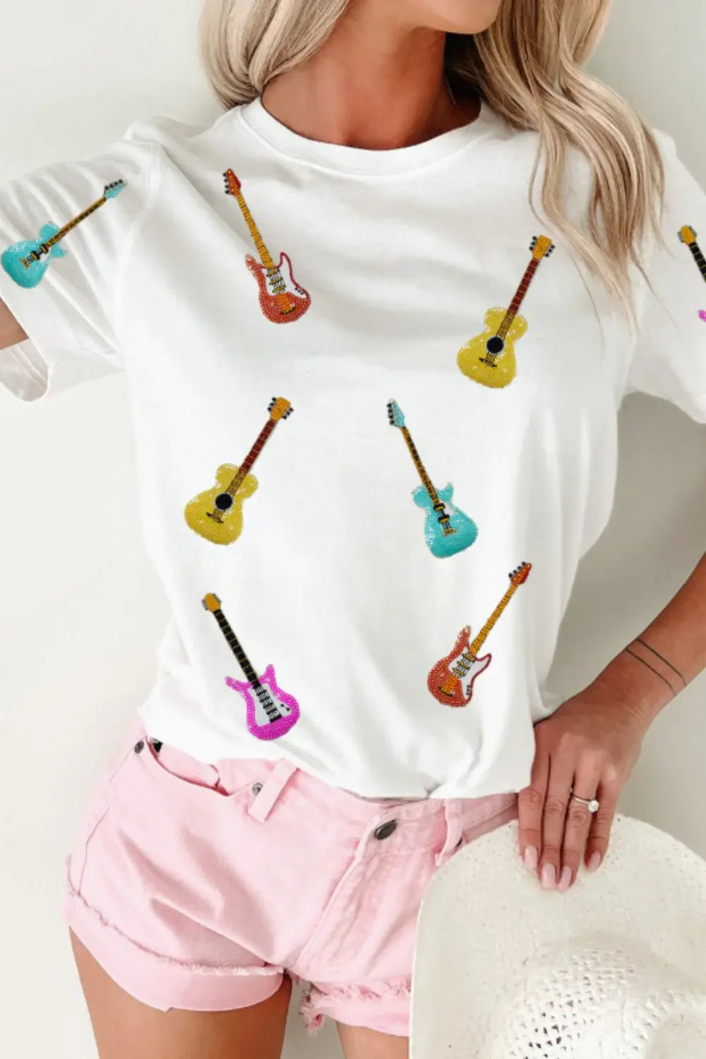 Guitar Crew Neck Short Sleeve T-Shirt - Trendsi - Flyclothing LLC