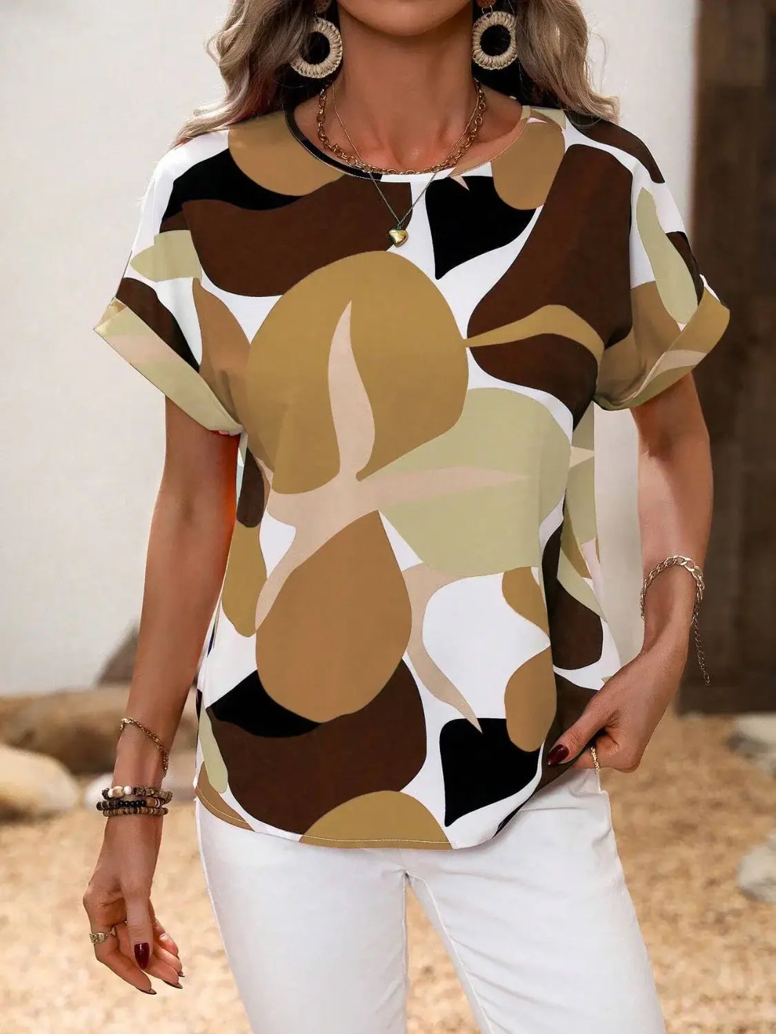 Contrast Round Neck Short Sleeve Blouse - Trendsi - Flyclothing LLC