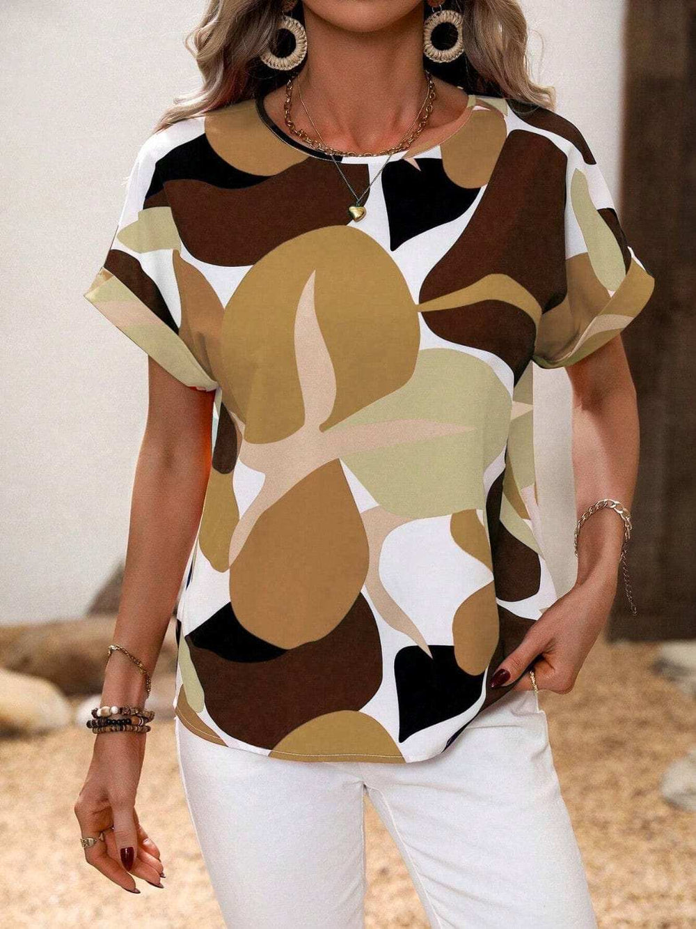 Contrast Round Neck Short Sleeve Blouse - Trendsi - Flyclothing LLC