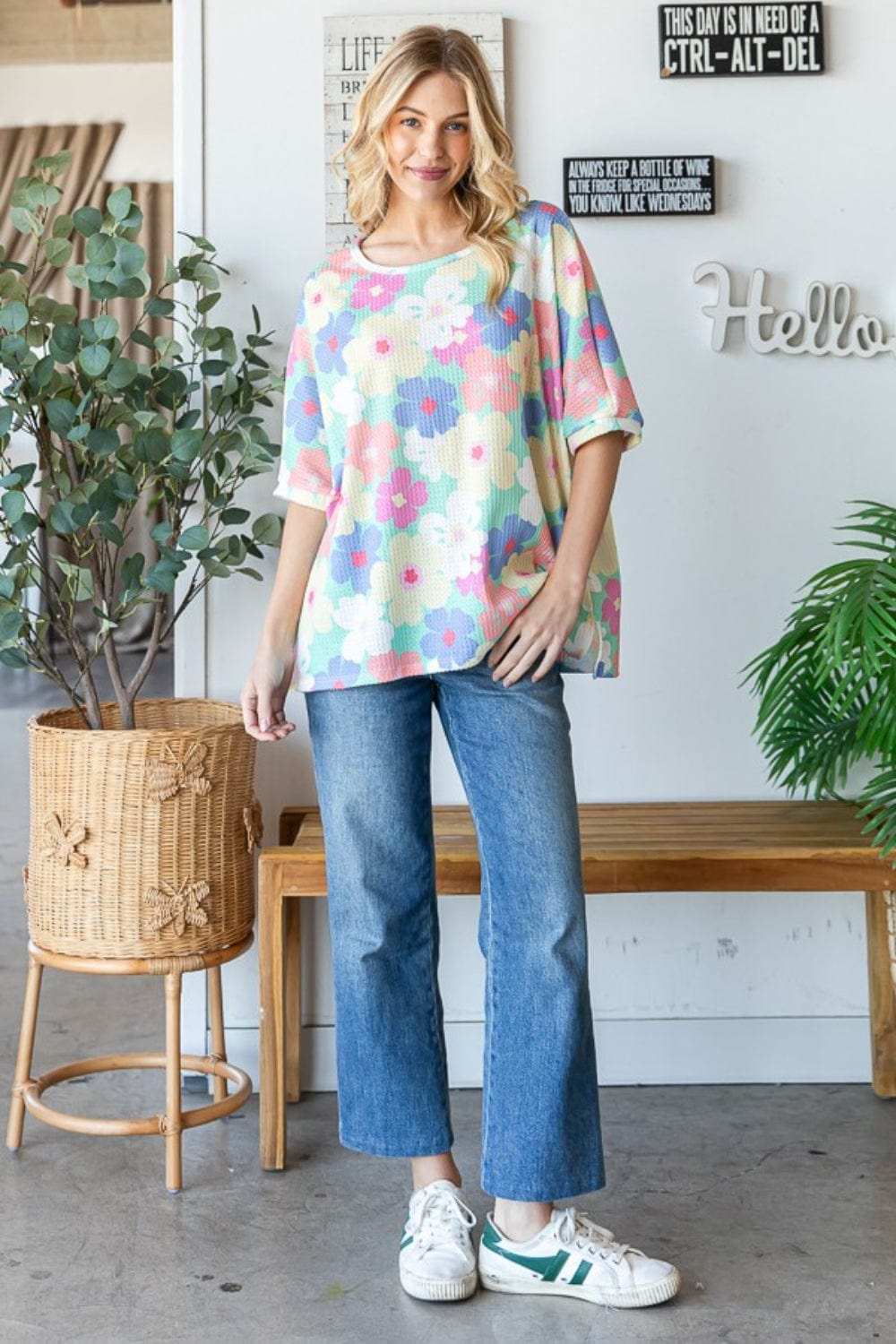 HOPELY Floral Waffle Oversized T-Shirt - Trendsi - Flyclothing LLC