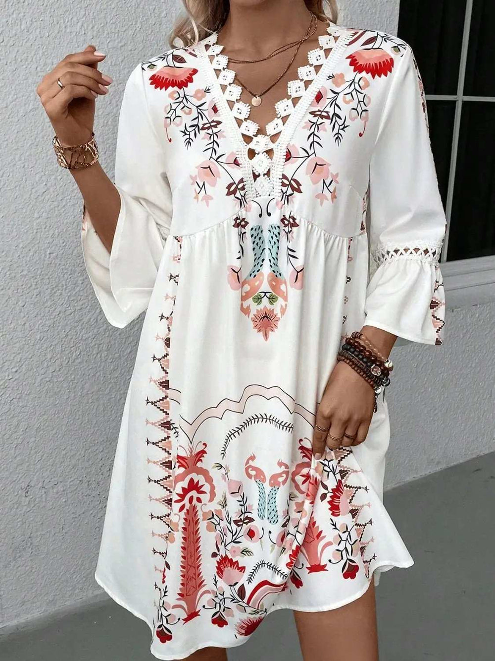 Lace Detail Printed Three-Quarter Sleeve Dress - Trendsi - Flyclothing LLC