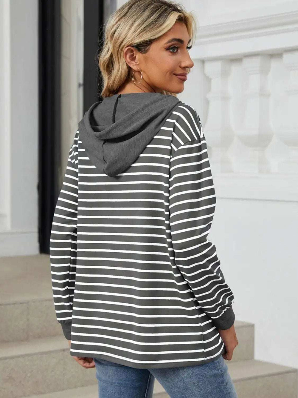 Drawstring Striped Long Sleeve Hoodie - Trendsi - Flyclothing LLC