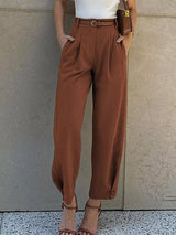 High-Waisted Pleated Pants - Trendsi - Flyclothing LLC