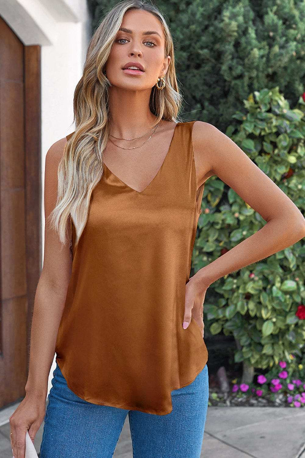 Solid V-Neck Wide Strap Tank - Trendsi - Flyclothing LLC