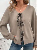 Perfee Tied Contrast Heart V-Neck Long Sleeve Cardigan - Trendsi