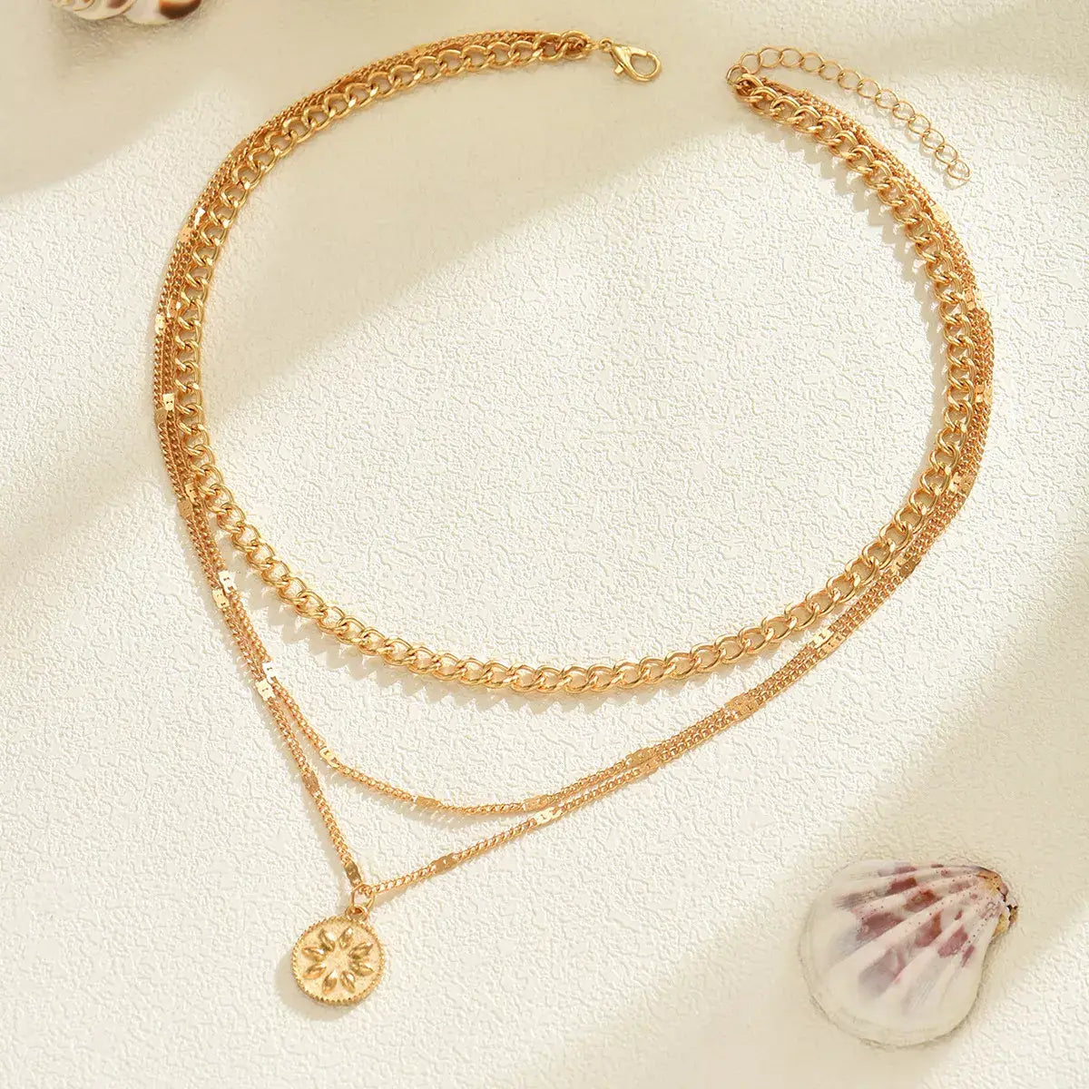 18K Gold-Plated Three Layered Pendant Necklace - Trendsi - Flyclothing LLC