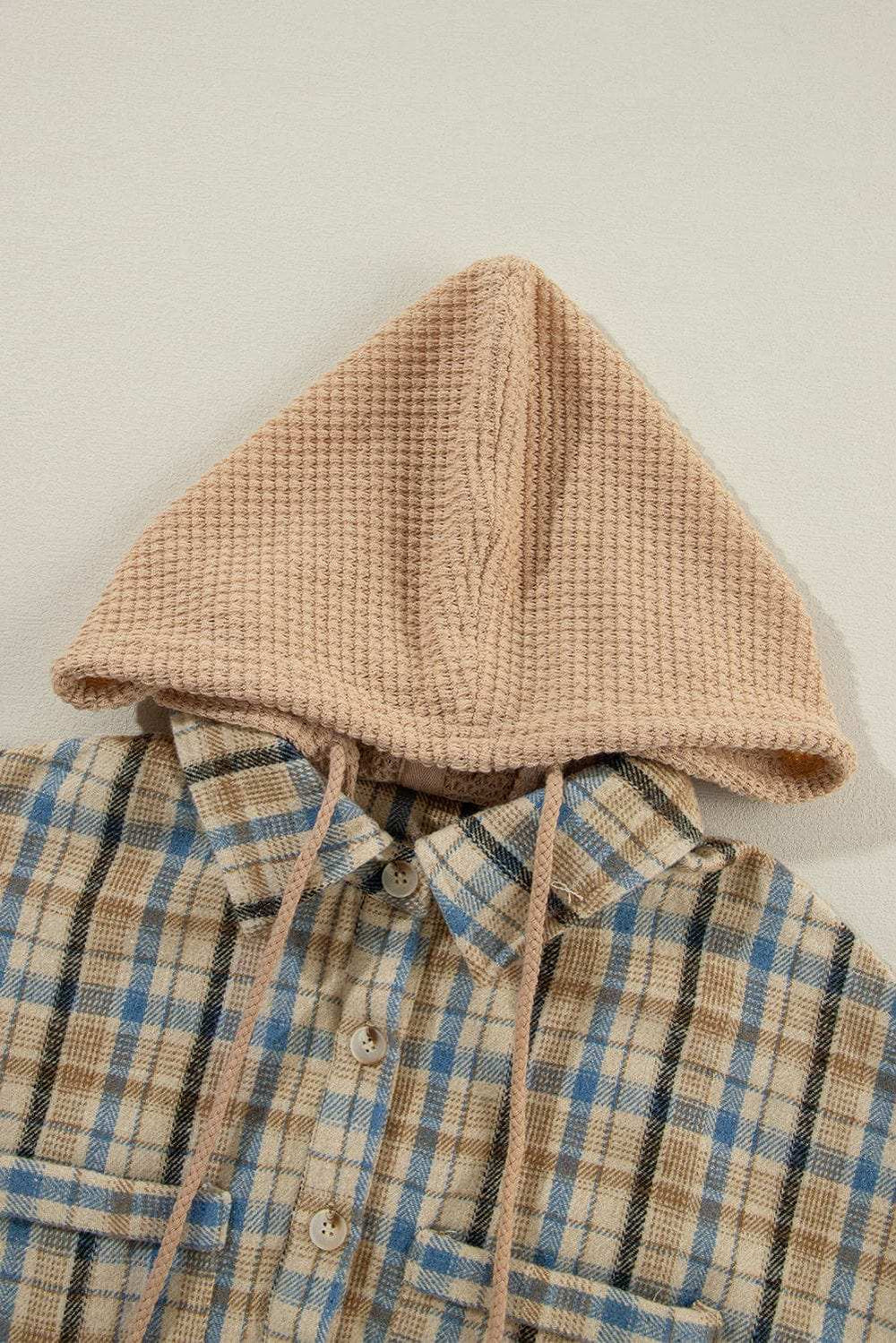 Drawstring Waffle Knit Patchwork Hooded Plaid Shacket - Trendsi - Flyclothing LLC
