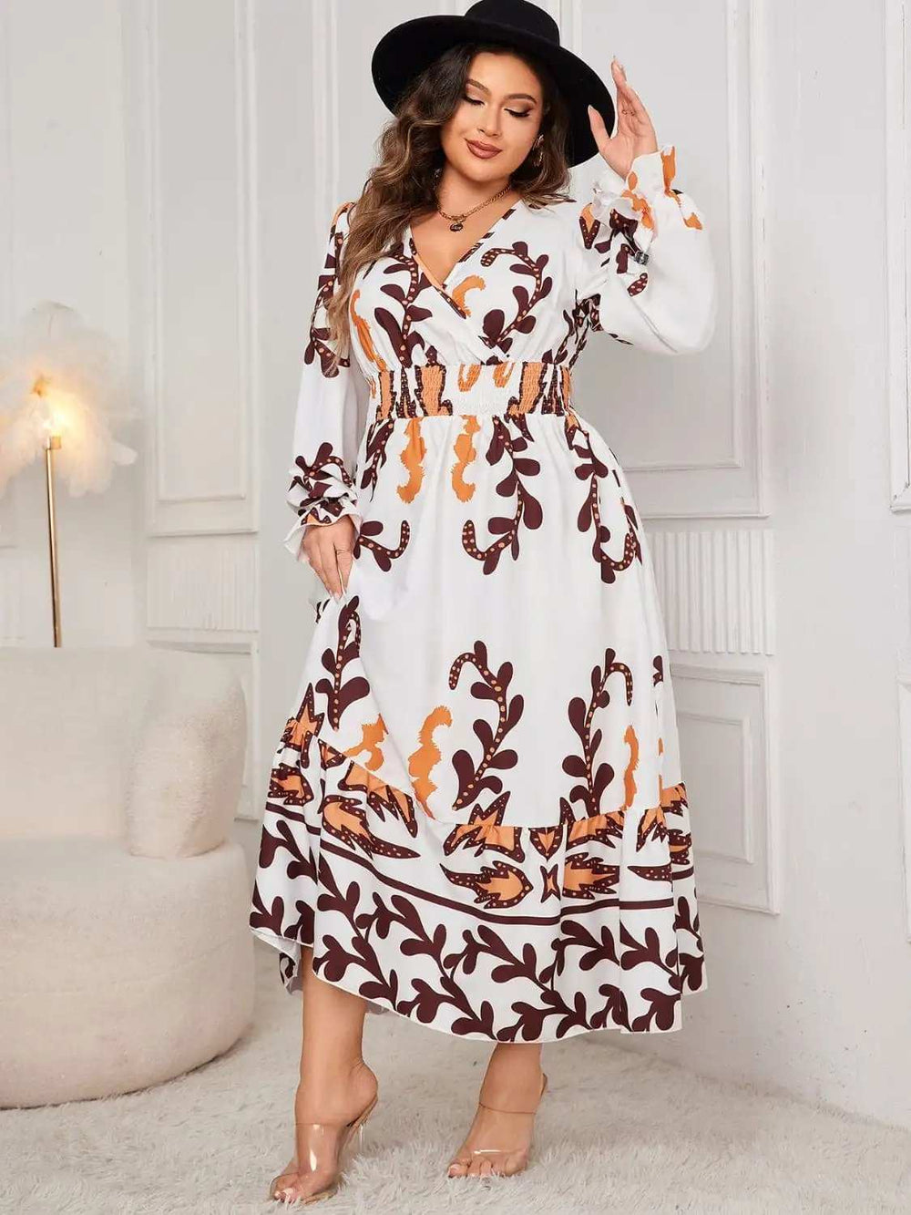 Plus Size Printed Surplice Flounce Sleeve Dress - Trendsi - Flyclothing LLC