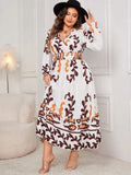 Plus Size Printed Surplice Flounce Sleeve Dress - Trendsi - Flyclothing LLC