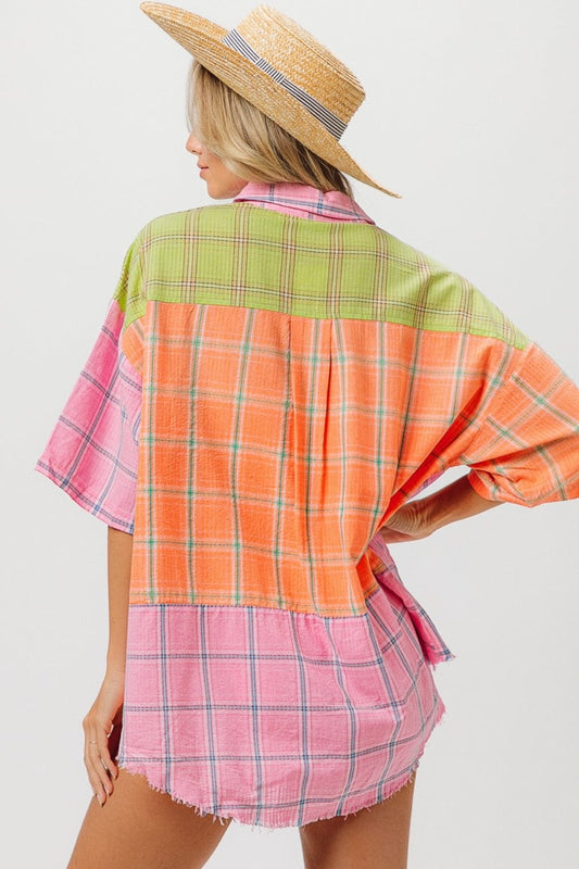 BiBi Plaid Collared Neck Half Sleeve Shirt - Trendsi