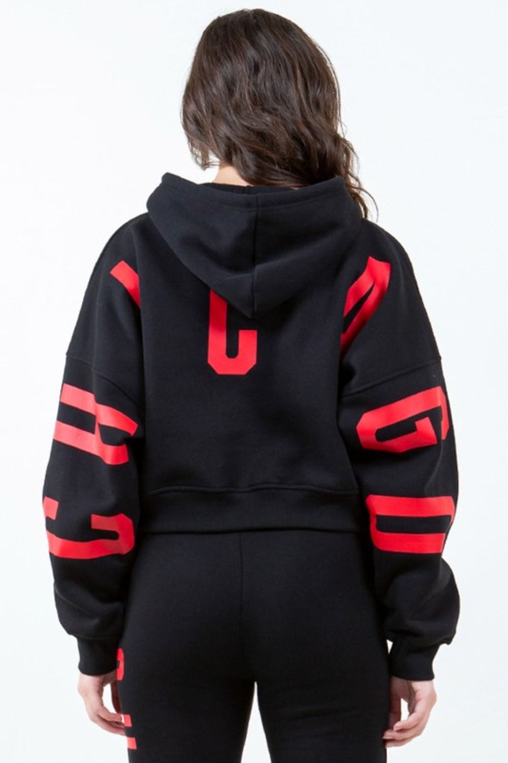 American Bazi Letter Graphic Long Sleeve Drawstring Cropped Hoodie - Trendsi