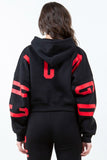 American Bazi Letter Graphic Long Sleeve Drawstring Cropped Hoodie - Trendsi