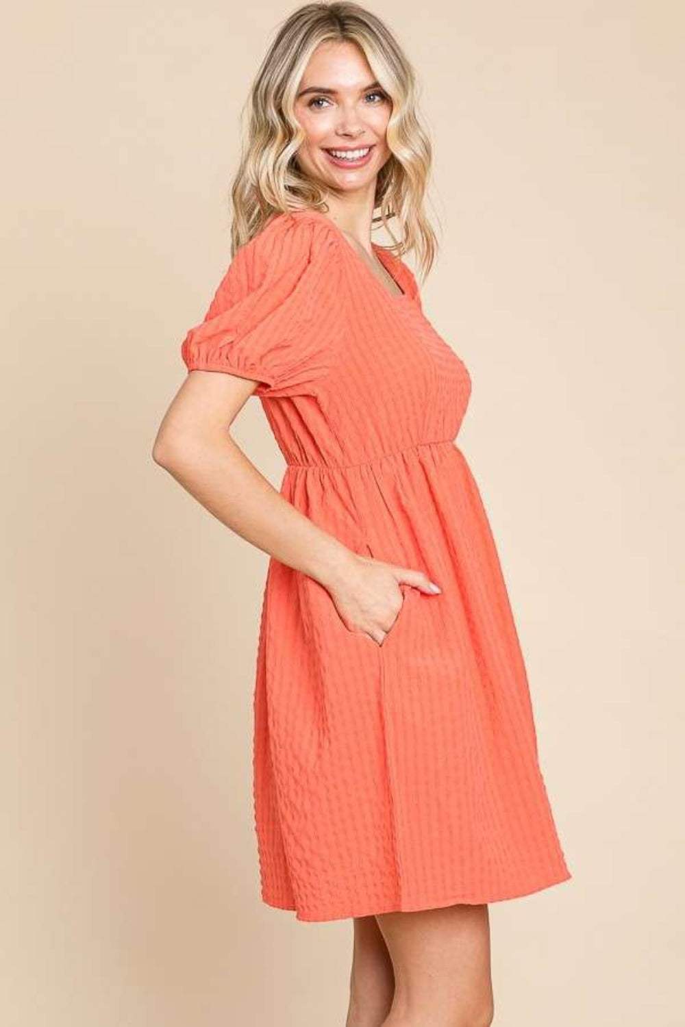 Culture Code Textured Square Neck Short Sleeve Dress - Trendsi - Flyclothing LLC