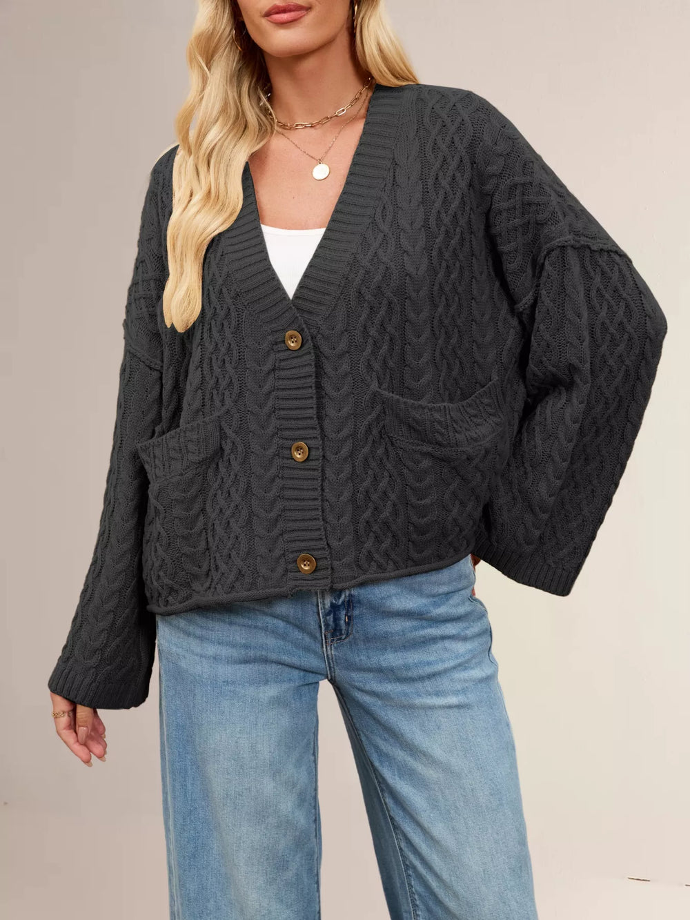 Cable Knit Button-Down Cardigan - Trendsi - Flyclothing LLC