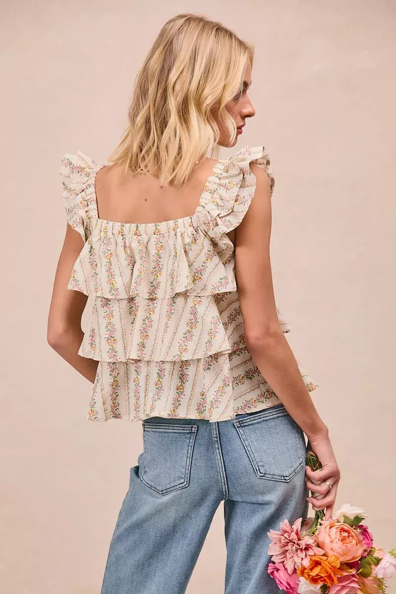 BiBi Floral Printed Woven Front Bow Tied Ruffled Square Neck Sleeveless Top - Trendsi - Flyclothing LLC