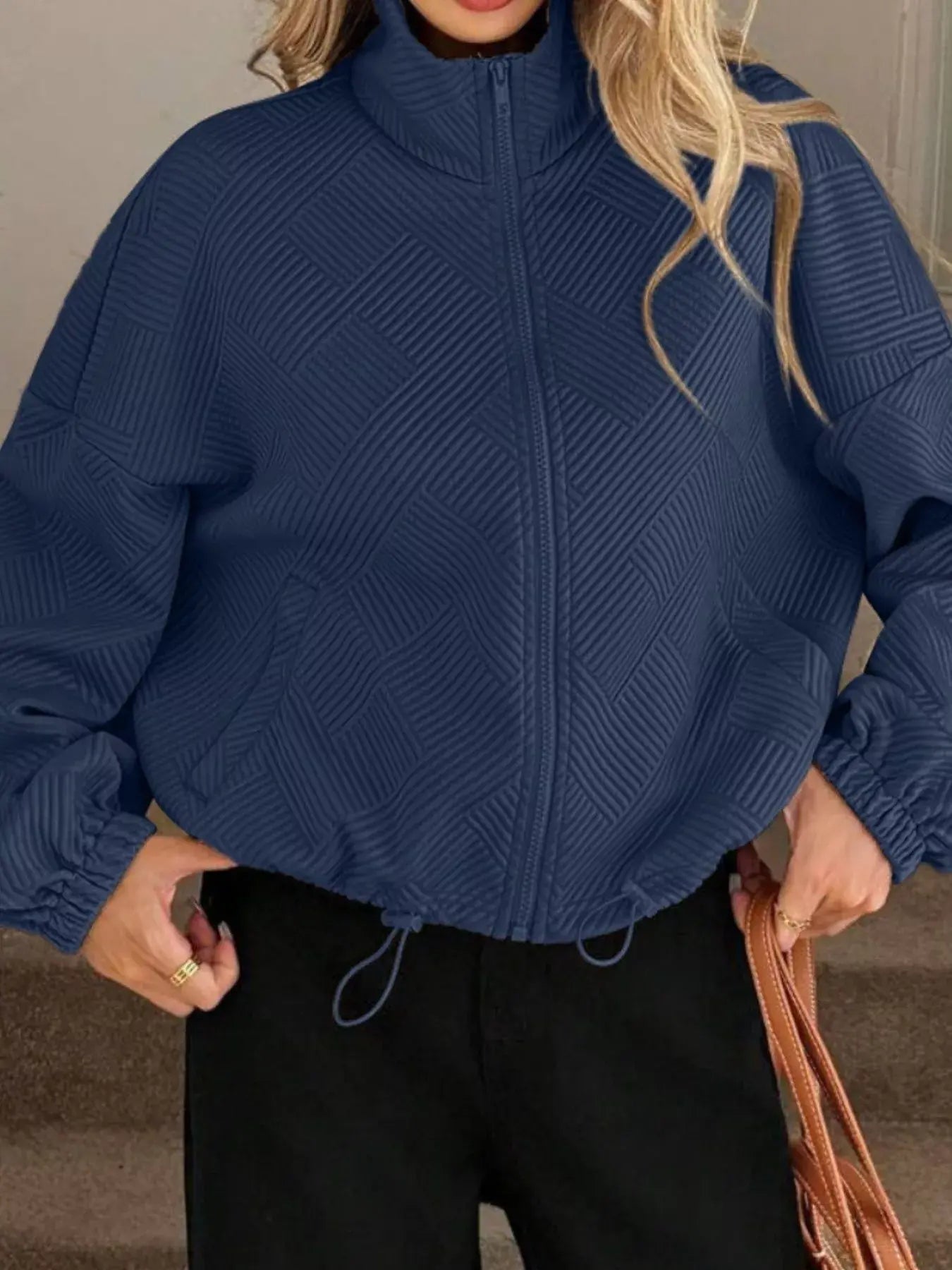 Textured Zip-Up Drawstring Hem Jacket - Trendsi - Flyclothing LLC