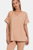 Zenana Full Size V-Neck Rolled Short Sleeve T-Shirt and Leggings Lounge Set - Trendsi - Flyclothing LLC