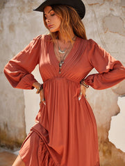 Ruched V-Neck Long Sleeve Midi Dress - Trendsi