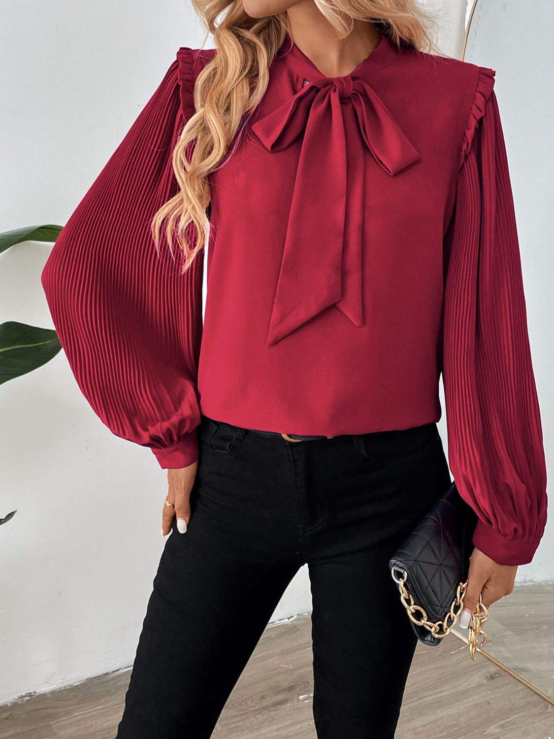Perfee Frill Tie Neck Long Sleeve Blouse - Trendsi - Flyclothing LLC