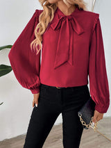 Perfee Frill Tie Neck Long Sleeve Blouse - Trendsi - Flyclothing LLC