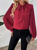 Perfee Frill Tie Neck Long Sleeve Blouse - Trendsi