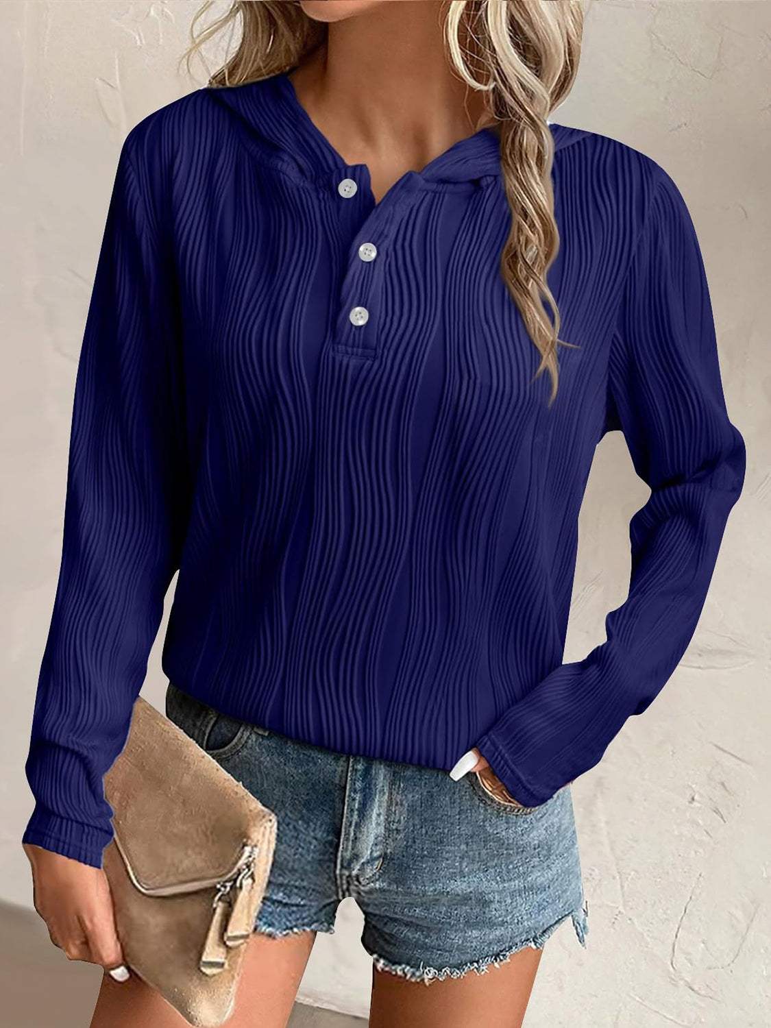 Textured Long Sleeve Hoodie - Trendsi - Flyclothing LLC