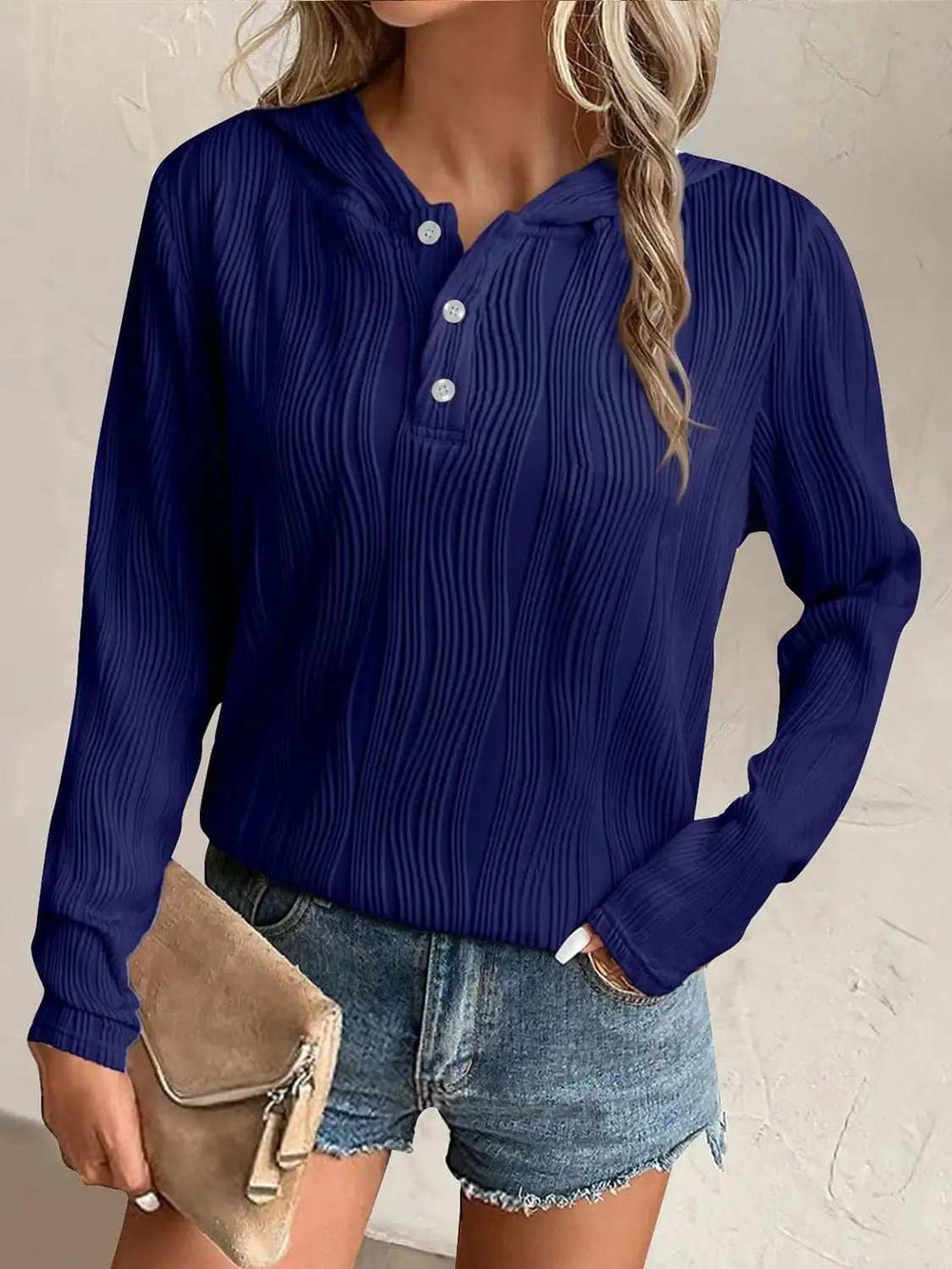 Textured Long Sleeve Hoodie - Trendsi - Flyclothing LLC