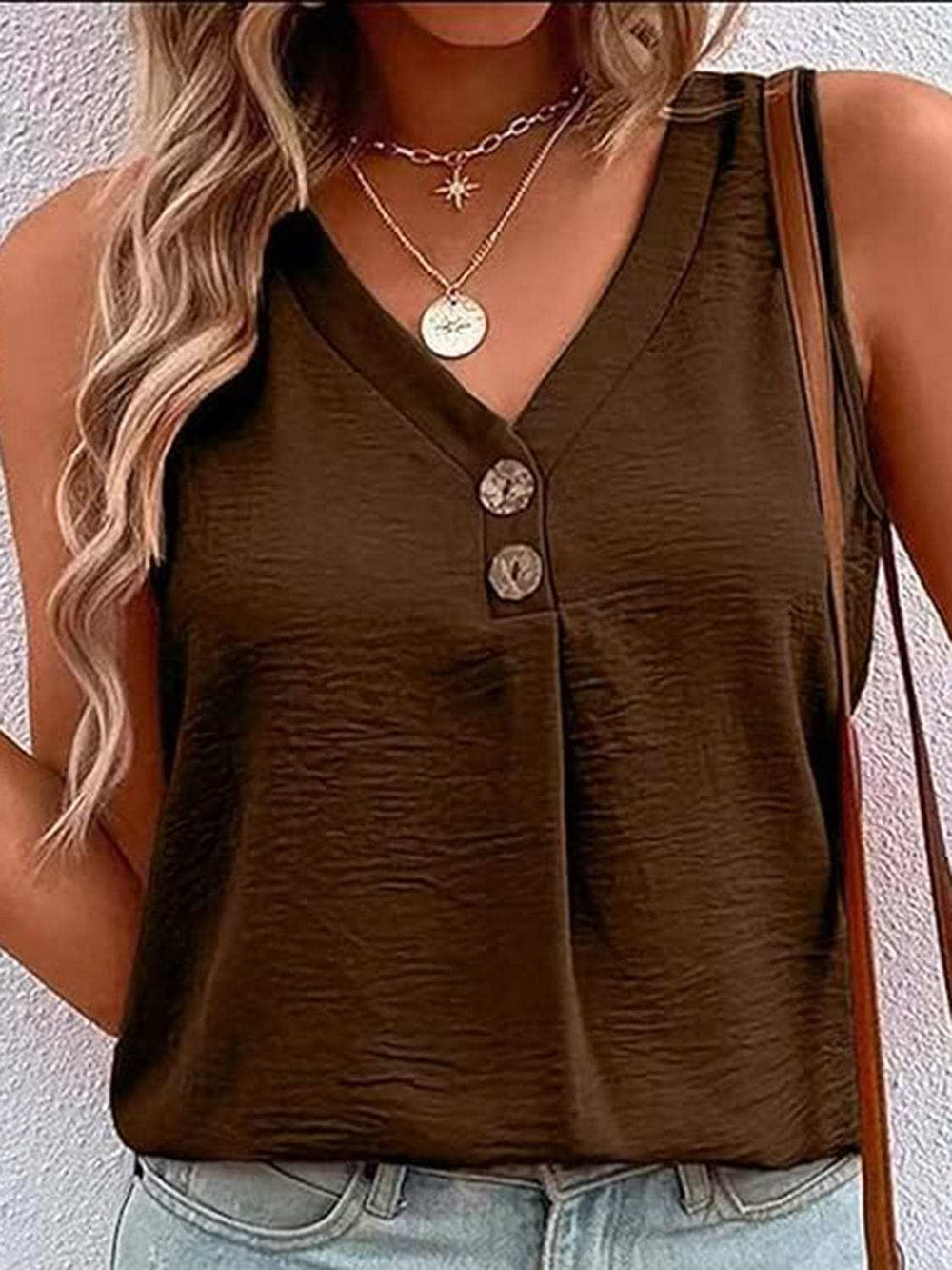 Full Size Decorative Button V-Neck Tank - Trendsi - Flyclothing LLC