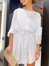 Sequin Tie Waist Long Sleeve Mini Dress - Trendsi - Flyclothing LLC