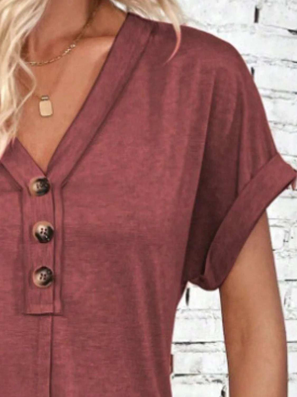 Quarter Button V-Neck Short Sleeve Dress - Trendsi - Flyclothing LLC