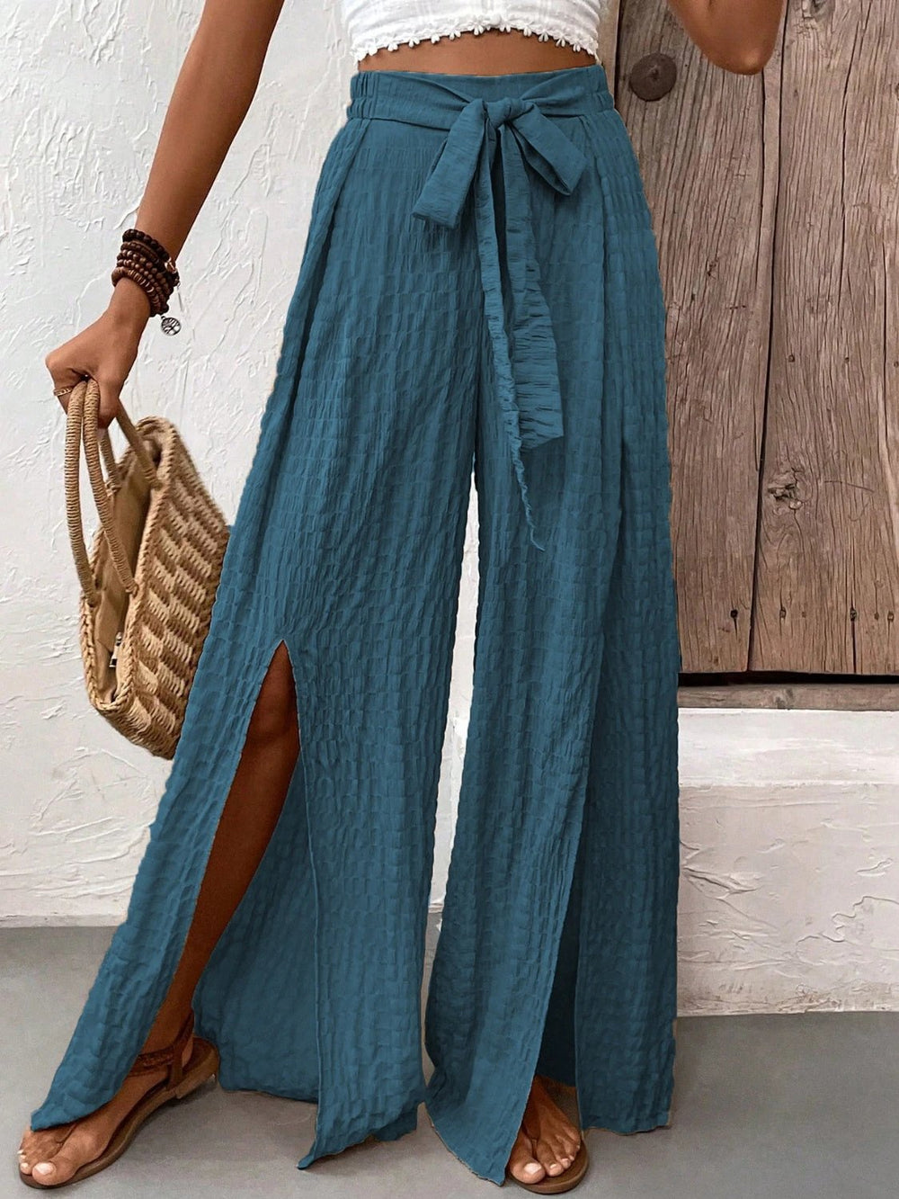 Tied Slit Wide Leg Pants - Trendsi