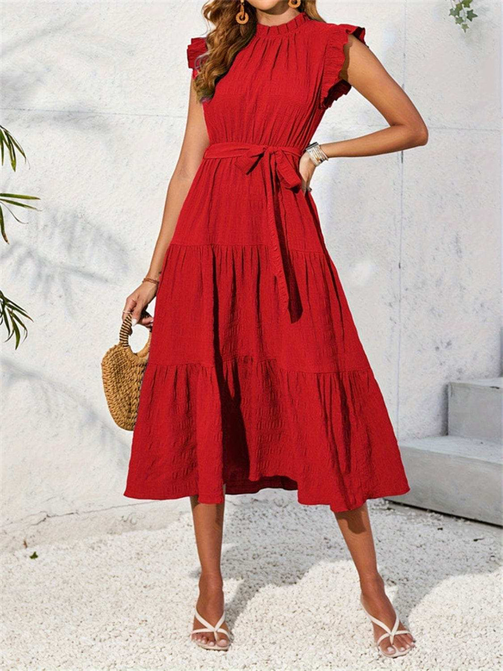 Frill Mock Neck Ruffled Cap Sleeve Midi Dress - Trendsi - Flyclothing LLC