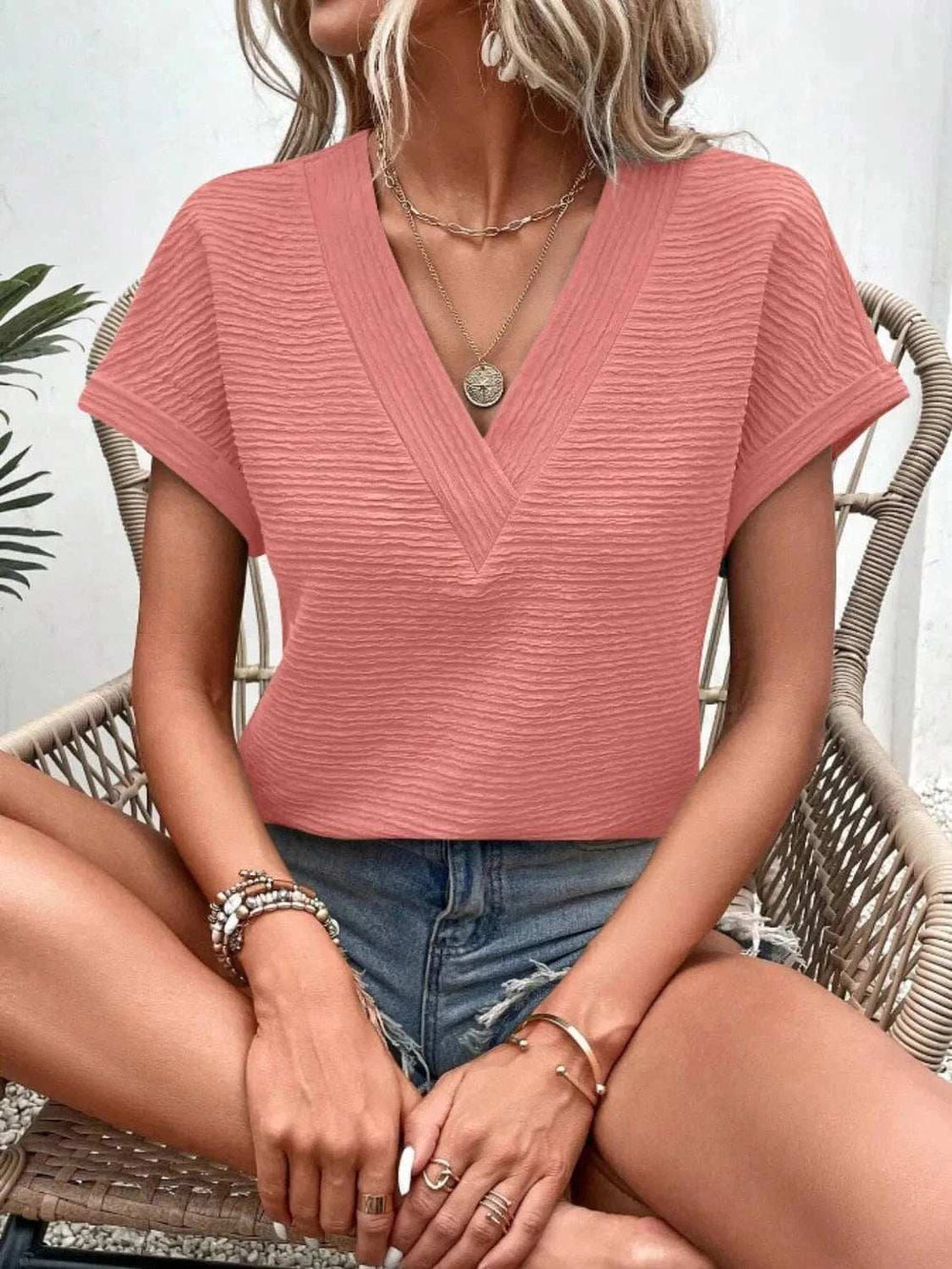 Textured Solid Color Short Sleeve Top - Trendsi - Flyclothing LLC