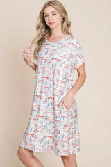 BOMBOM Printed Round Neck Short Sleeve Tee Dress - Trendsi - Flyclothing LLC