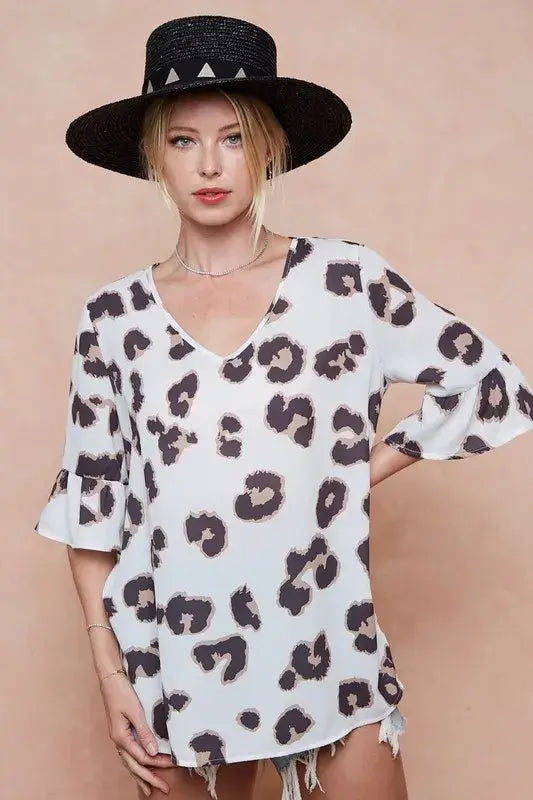 BiBi Leopard Printed V Neck Woven Top with Ruffled - Trendsi - Flyclothing LLC