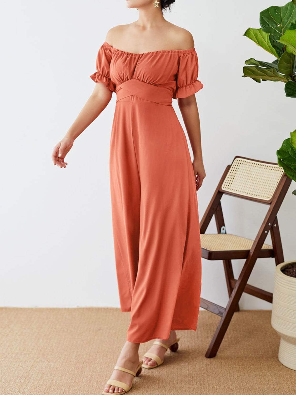 Off-Shoulder Short Sleeve Wide Leg Jumpsuit - Trendsi - Flyclothing LLC