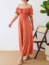 Off-Shoulder Short Sleeve Wide Leg Jumpsuit - Trendsi - Flyclothing LLC