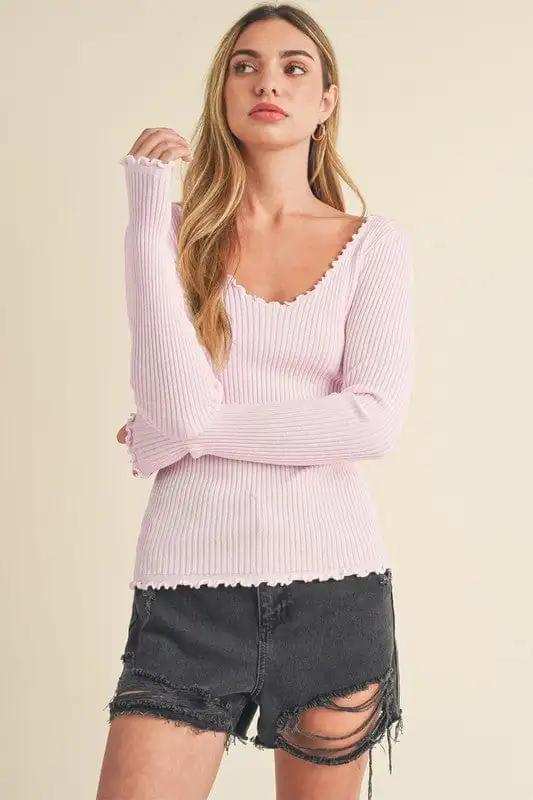 Aemi + Co Lettuce Hem Scoop Neck Long Sleeve Knit Top - Trendsi - Flyclothing LLC