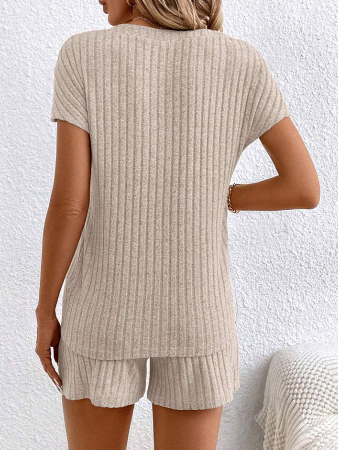 Ribbed V-Neck Top and Shorts Set - Trendsi - Flyclothing LLC