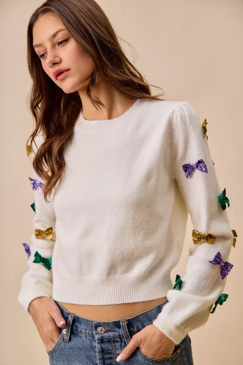 SO ME Mardi Gras Glitter Bow Ribbon Sweater Knit Top - Trendsi - Flyclothing LLC