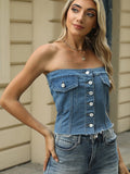Smocked Button Up Tube Denim Top - Trendsi