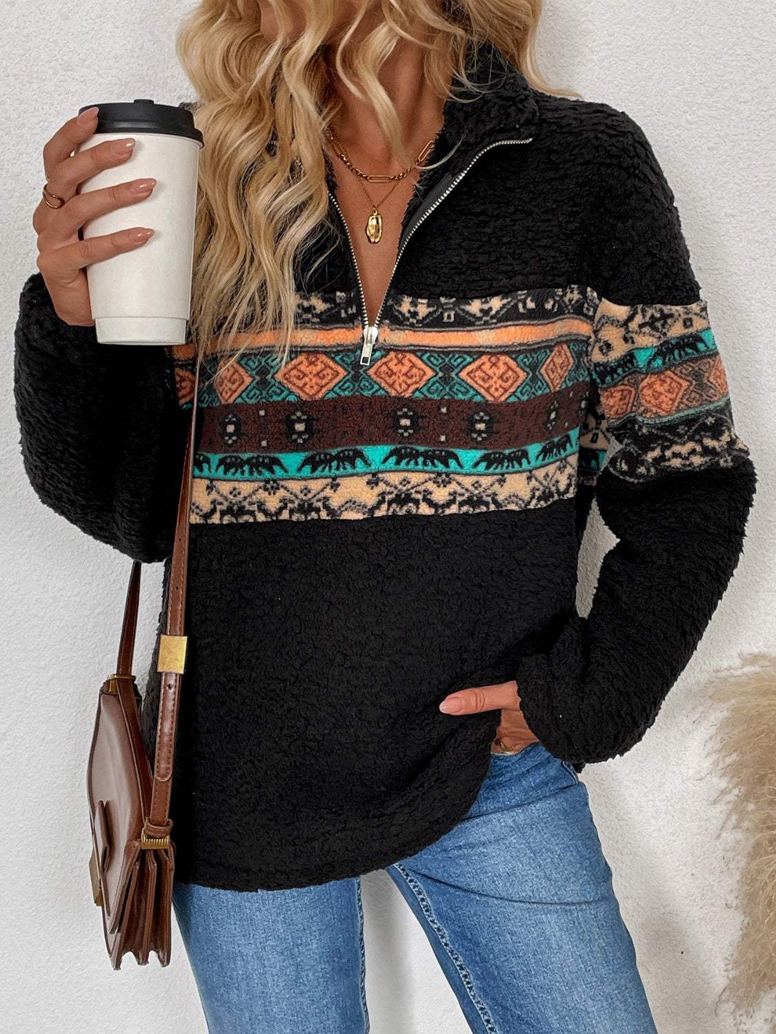 Quarter Zip Geometric Long Sleeve Sweatshirt - Trendsi - Flyclothing LLC