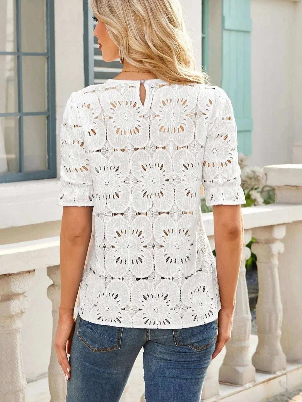 Openwork Round Neck Short Sleeve Top - Trendsi - Flyclothing LLC
