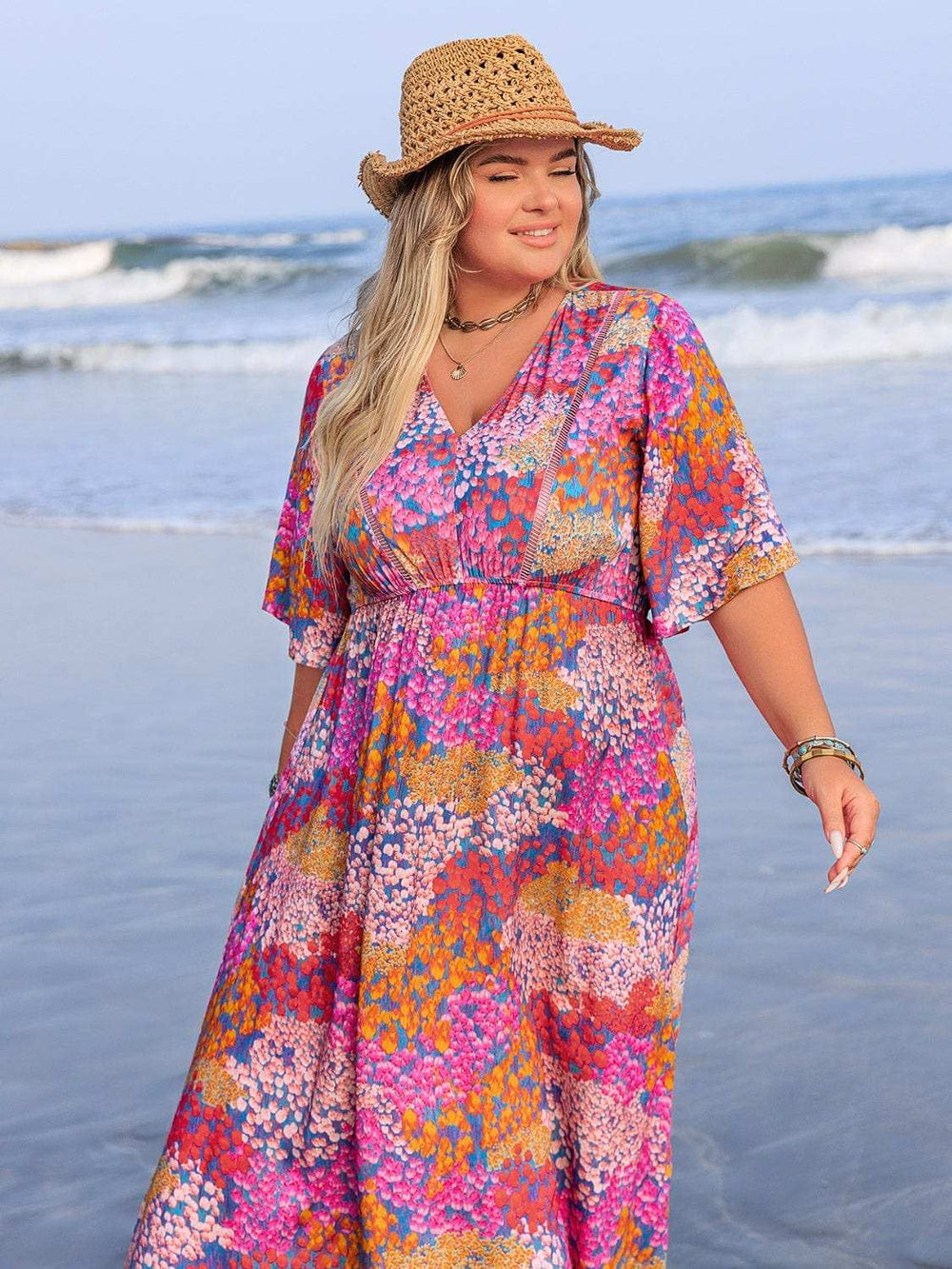 Plus Size Printed V-Neck Half Sleeve Maxi Dress - Trendsi - Flyclothing LLC