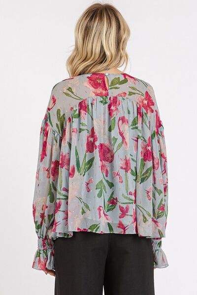 Mittoshop Floral Round Neck Flounce Sleeve Blouse - Trendsi - Flyclothing LLC