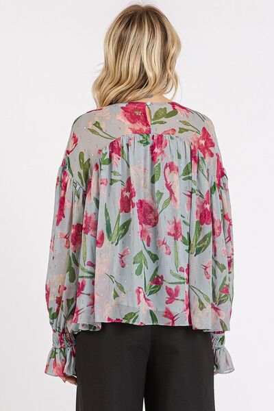 Mittoshop Floral Round Neck Flounce Sleeve Blouse - Trendsi - Flyclothing LLC