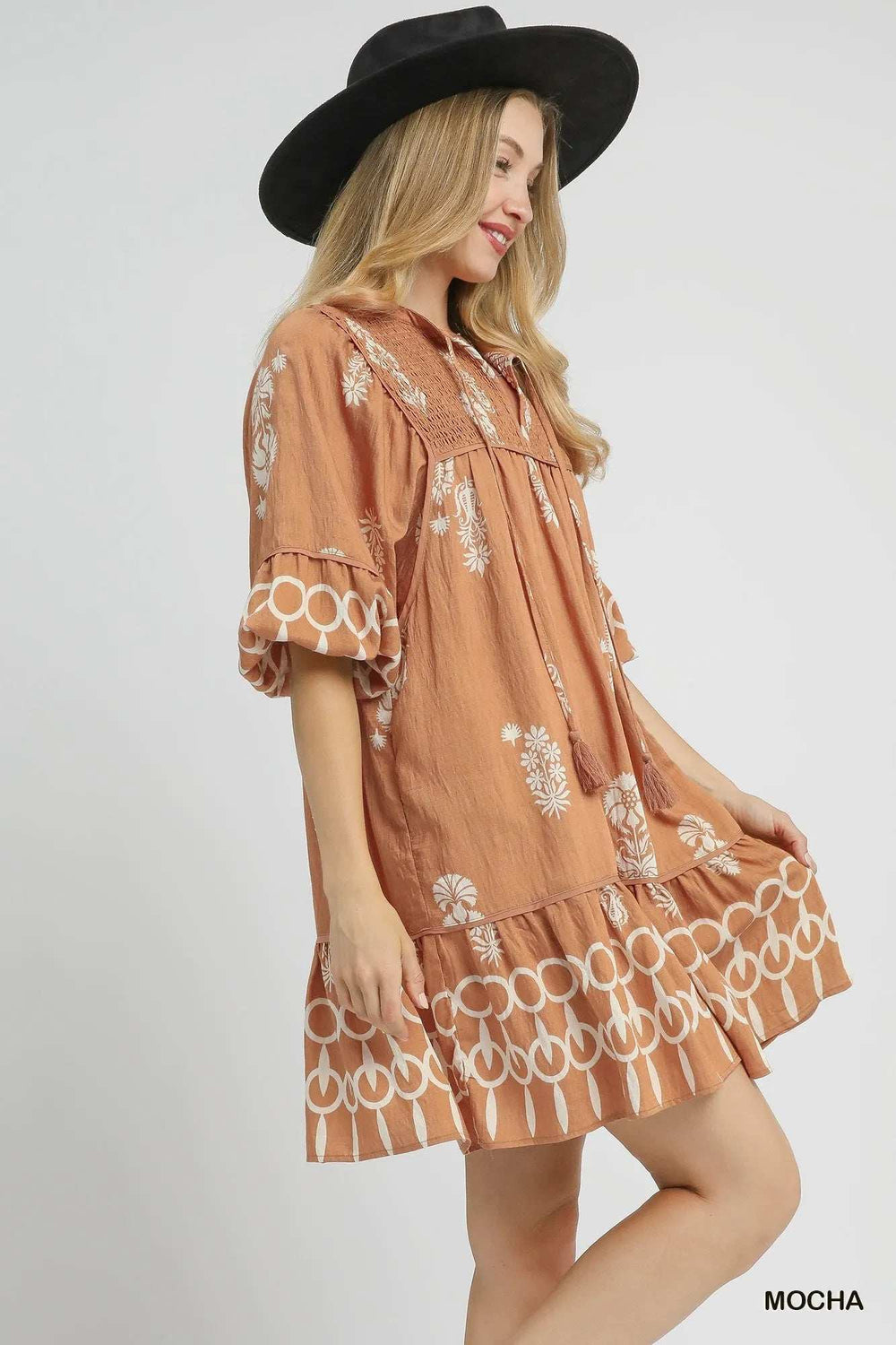 Umgee Boarder Print Tassel Tie Neck Mini Dress - Trendsi - Flyclothing LLC