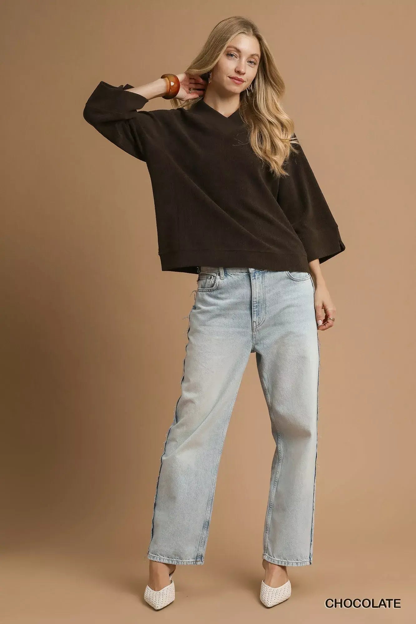 Umgee Textured Knit V-Neck Top - Trendsi - Flyclothing LLC