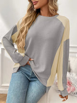 Color Block Waffle Knit Long Sleeve T-Shirt - Trendsi - Flyclothing LLC